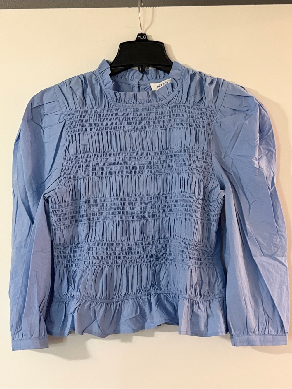 Heyson Pale Blue Smocked Long-Sleeve Ruffle-Hem Blouse